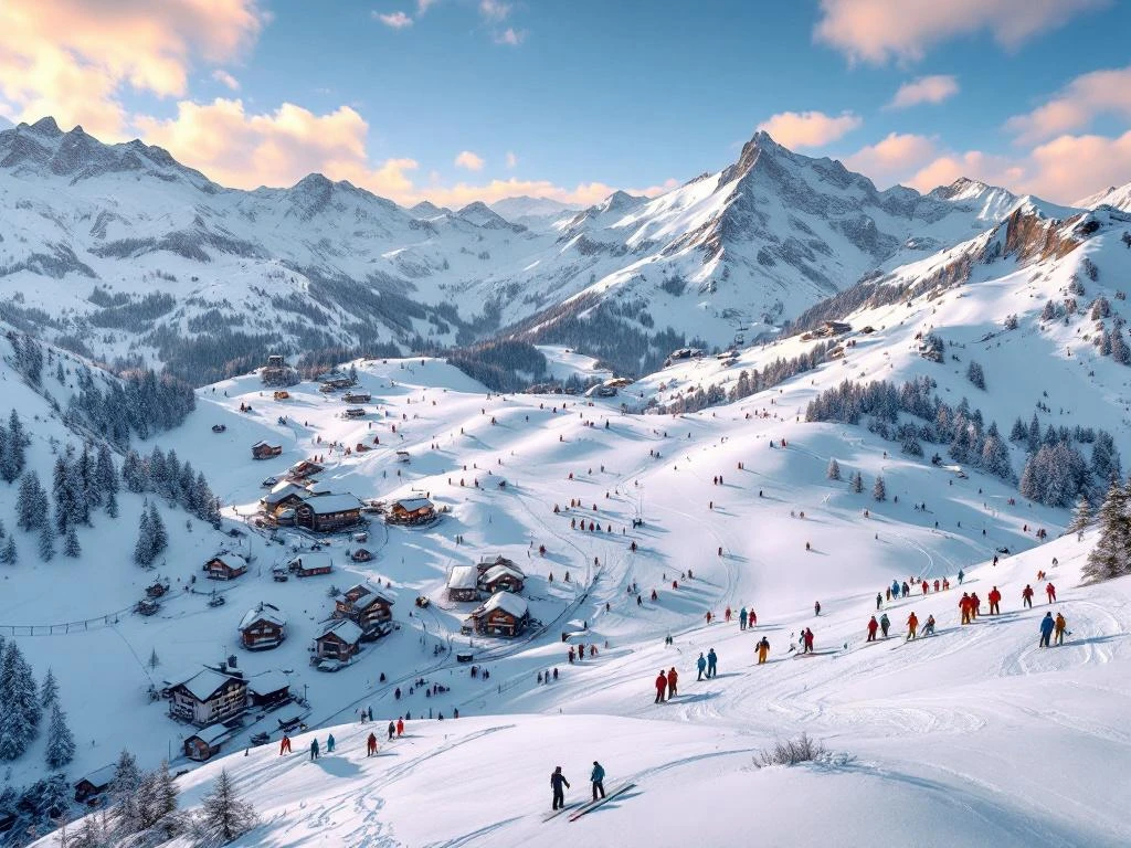 Luchtfoto van Ellmau-Going skipistes in Oostenrijkse Alpen met skiërs op besneeuwde hellingen en bergchalets