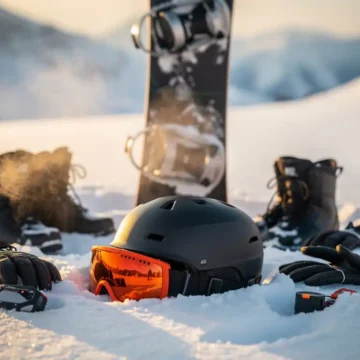 Snowboardeur organisant son équipement d'hiver sur la neige fraîche avec planche, casque, lunettes et bottes
