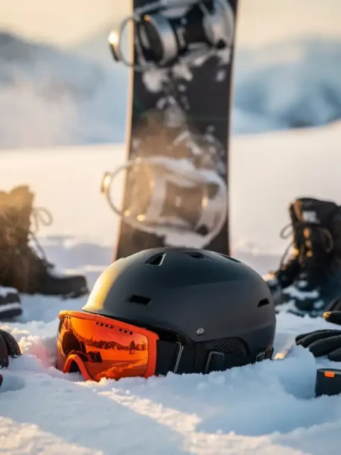 Snowboardeur organisant son équipement d'hiver sur la neige fraîche avec planche, casque, lunettes et bottes