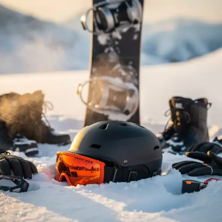 Snowboardeur organisant son équipement d'hiver sur la neige fraîche avec planche, casque, lunettes et bottes
