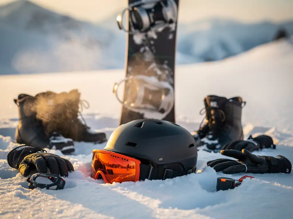 Snowboardeur organisant son équipement d'hiver sur la neige fraîche avec planche, casque, lunettes et bottes