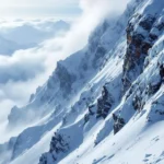 Extreme zwarte piste met steile ijzige helling, gevaarlijke bobbels en rotspartijen verdwijnend in mist beneden