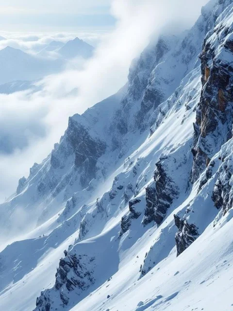 Extreme zwarte piste met steile ijzige helling, gevaarlijke bobbels en rotspartijen verdwijnend in mist beneden