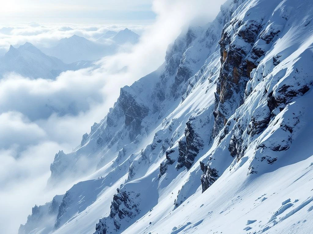 Extreme zwarte piste met steile ijzige helling, gevaarlijke bobbels en rotspartijen verdwijnend in mist beneden