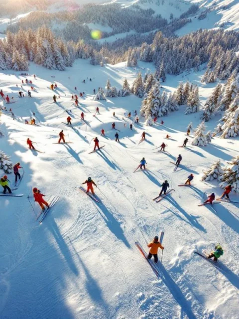 Luchtfoto van Fieberbrunn skipistes in ochtendlicht met skigroepen, instructeurs en Oostenrijkse Alpen op achtergrond
