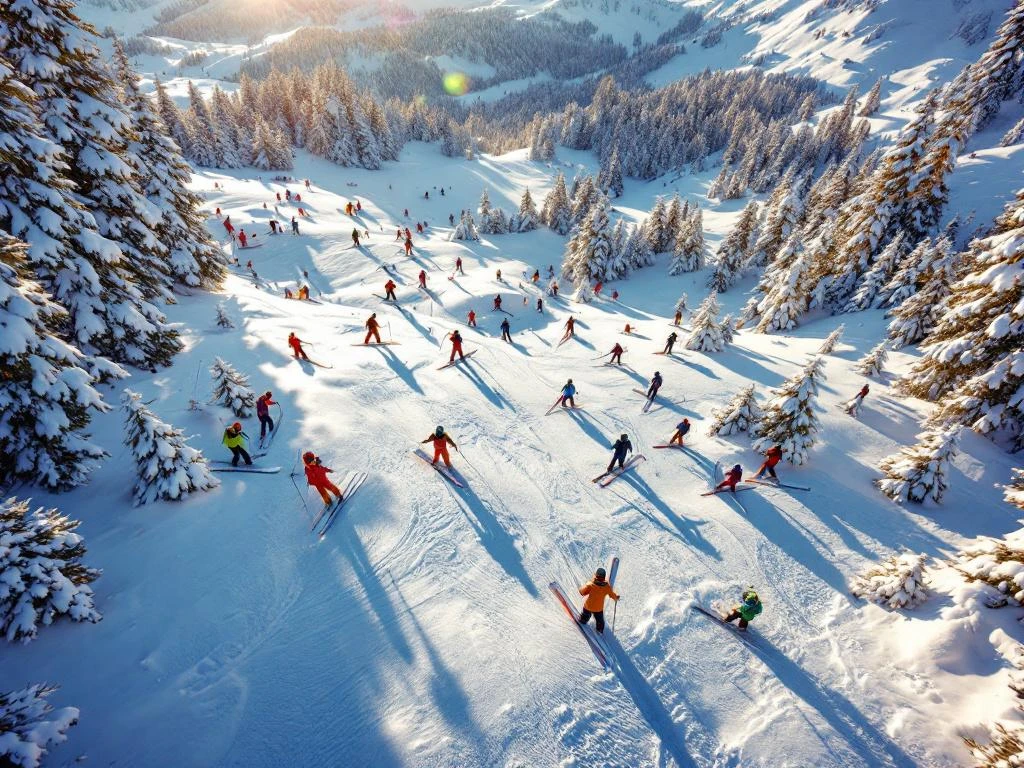 Luchtfoto van Fieberbrunn skipistes in ochtendlicht met skigroepen, instructeurs en Oostenrijkse Alpen op achtergrond