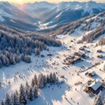 Luchtfoto van Finkenberg skipistes tijdens gouden uur met skiërs op verschillende hellingen en Oostenrijkse berghutten