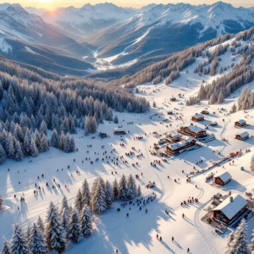 Luchtfoto van Finkenberg skipistes tijdens gouden uur met skiërs op verschillende hellingen en Oostenrijkse berghutten