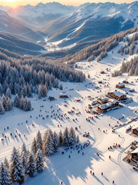 Luchtfoto van Finkenberg skipistes tijdens gouden uur met skiërs op verschillende hellingen en Oostenrijkse berghutten