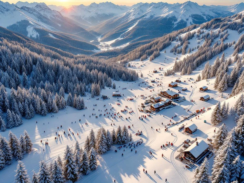 Luchtfoto van Finkenberg skipistes tijdens gouden uur met skiërs op verschillende hellingen en Oostenrijkse berghutten