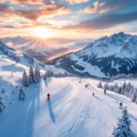 Luchtfoto van Flachau skipistes bij zonsopgang met kleurrijke ski-uitrusting op verse sneeuw en Oostenrijkse Alpen