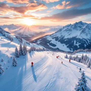 Luchtfoto van Flachau skipistes bij zonsopgang met kleurrijke ski-uitrusting op verse sneeuw en Oostenrijkse Alpen