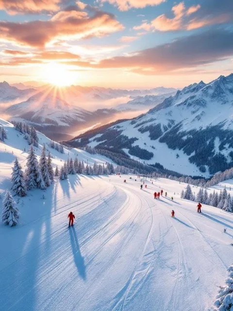 Luchtfoto van Flachau skipistes bij zonsopgang met kleurrijke ski-uitrusting op verse sneeuw en Oostenrijkse Alpen