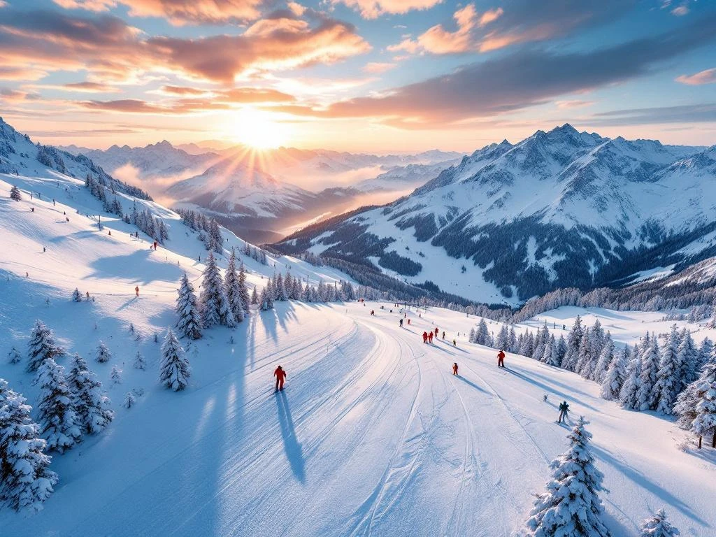 Luchtfoto van Flachau skipistes bij zonsopgang met kleurrijke ski-uitrusting op verse sneeuw en Oostenrijkse Alpen