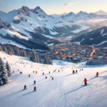 Luchtfoto van skiërs op besneeuwde pistes in Flachauwinkl tijdens gouden uur met Oostenrijks alpendorp in dal