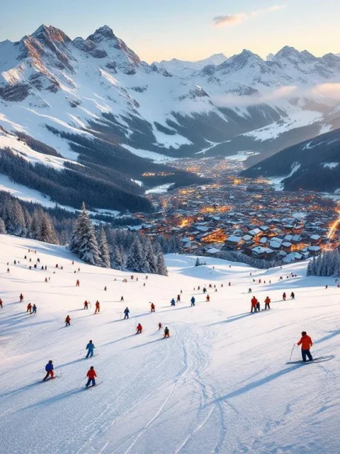 Luchtfoto van skiërs op besneeuwde pistes in Flachauwinkl tijdens gouden uur met Oostenrijks alpendorp in dal