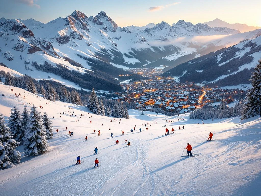 Luchtfoto van skiërs op besneeuwde pistes in Flachauwinkl tijdens gouden uur met Oostenrijks alpendorp in dal