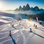 Aerial view of Flaine ski slopes with instructors teaching colorful-clad skiers on groomed runs, French Alps backdrop