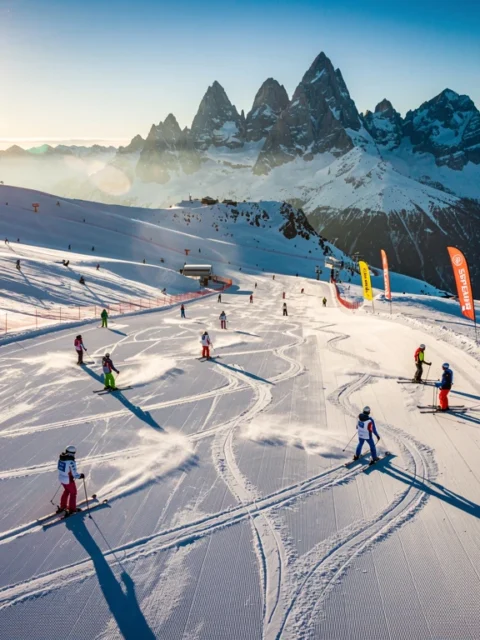 Aerial view of Flaine ski slopes with instructors teaching colorful-clad skiers on groomed runs, French Alps backdrop