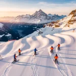 Ski-instructeurs in oranje en blauwe jassen geven les op besneeuwde pistes in Flaine, Franse Alpen tijdens gouden uur