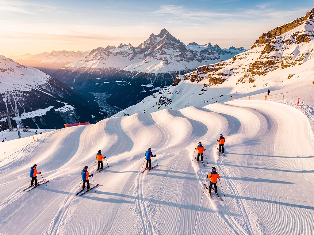 Ski-instructeurs in oranje en blauwe jassen geven les op besneeuwde pistes in Flaine, Franse Alpen tijdens gouden uur
