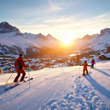 Ski-instructeur in rode jas demonstreert een perfecte bocht op besneeuwde blauwe piste in Frans Alpengebied bij zonsopgang, met bergdorp op achtergrond.