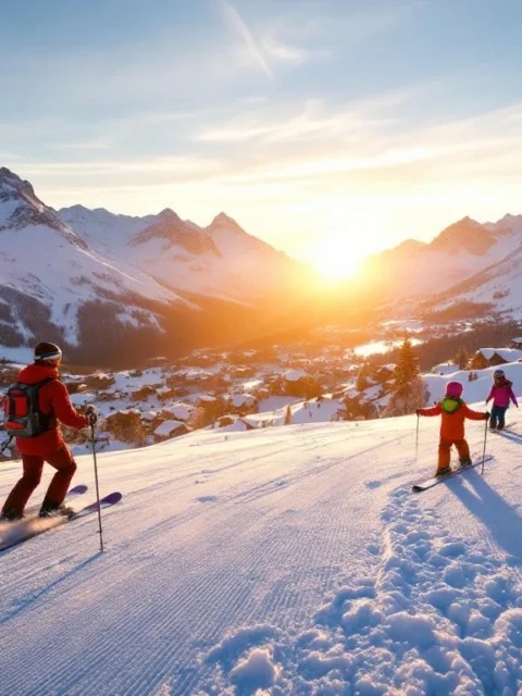 Ski-instructeur in rode jas demonstreert een perfecte bocht op besneeuwde blauwe piste in Frans Alpengebied bij zonsopgang, met bergdorp op achtergrond.