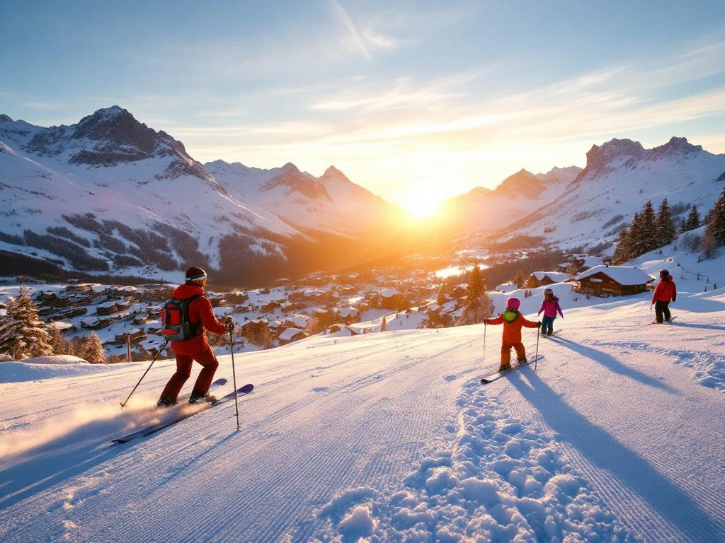Ski-instructeur in rode jas demonstreert een perfecte bocht op besneeuwde blauwe piste in Frans Alpengebied bij zonsopgang, met bergdorp op achtergrond.