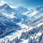 Luchtfoto van Frans Alpenresort met verse poedersneeuw, skipistes door besneeuwde bossen en skiliften onder blauwe lucht