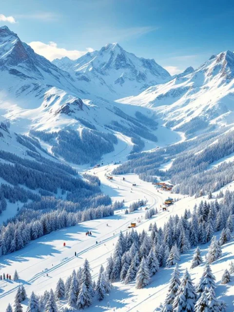 Luchtfoto van Frans Alpenresort met verse poedersneeuw, skipistes door besneeuwde bossen en skiliften onder blauwe lucht