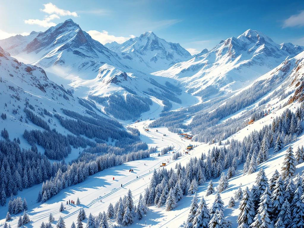 Luchtfoto van Frans Alpenresort met verse poedersneeuw, skipistes door besneeuwde bossen en skiliften onder blauwe lucht