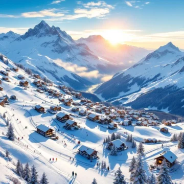Luchtfoto van Franse Alpen skipistes met besneeuwde bergtoppen, chalets, skiliften en blauwe hemel
