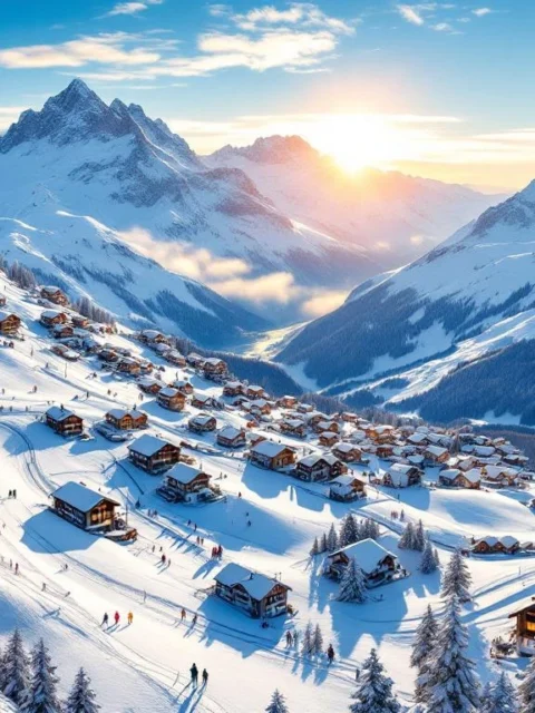 Luchtfoto van Franse Alpen skipistes met besneeuwde bergtoppen, chalets, skiliften en blauwe hemel