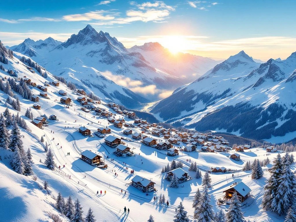 Luchtfoto van Franse Alpen skipistes met besneeuwde bergtoppen, chalets, skiliften en blauwe hemel
