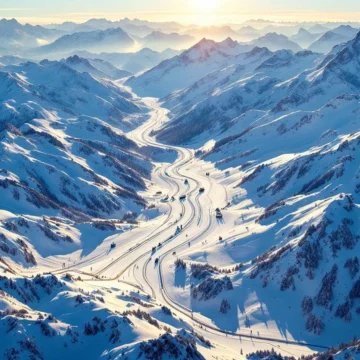 Luchtfoto van Franse Alpen skipistes bij zonsopgang met sneeuw, skiliften en bergtoppen onder blauwe hemel