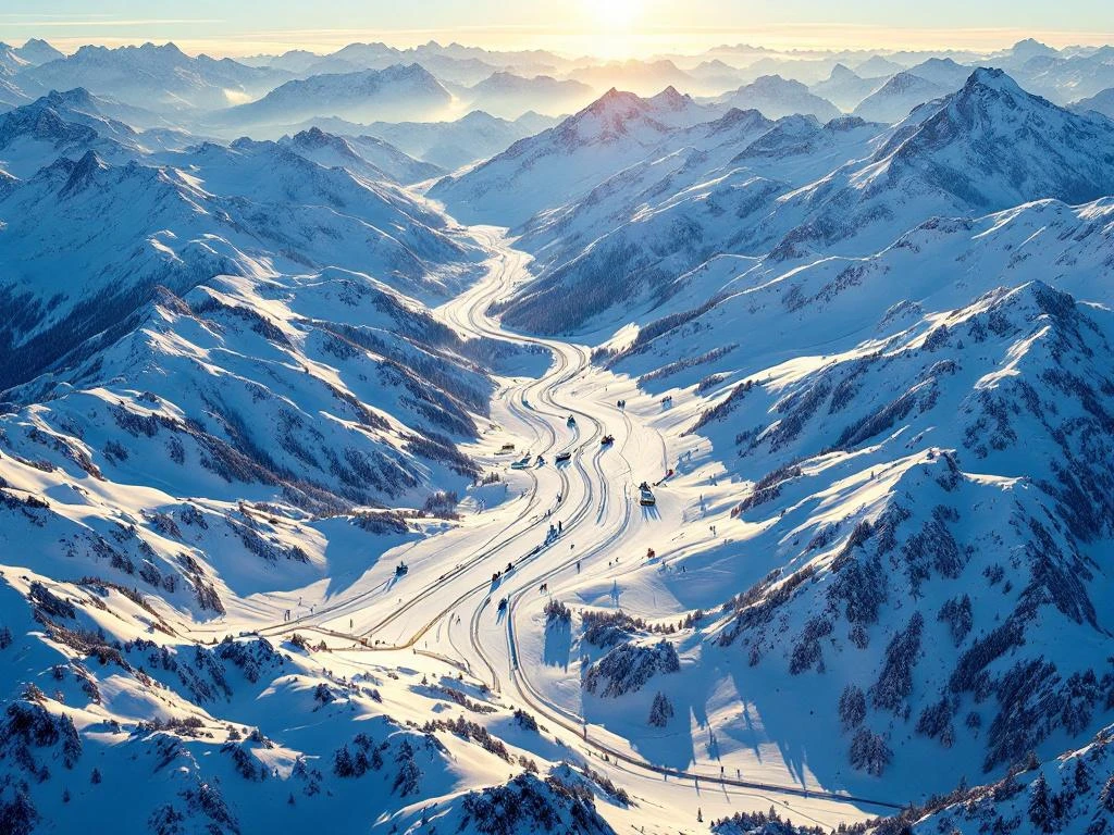 Luchtfoto van Franse Alpen skipistes bij zonsopgang met sneeuw, skiliften en bergtoppen onder blauwe hemel