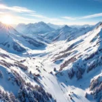 Luchtfoto van besneeuwde Franse Alpen skipistes met blauwe lucht, bergtoppen en skiliften in gouden zonlicht