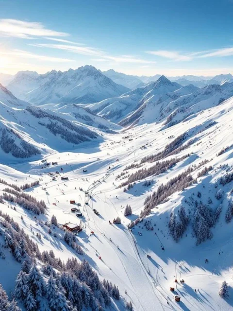 Luchtfoto van besneeuwde Franse Alpen skipistes met blauwe lucht, bergtoppen en skiliften in gouden zonlicht