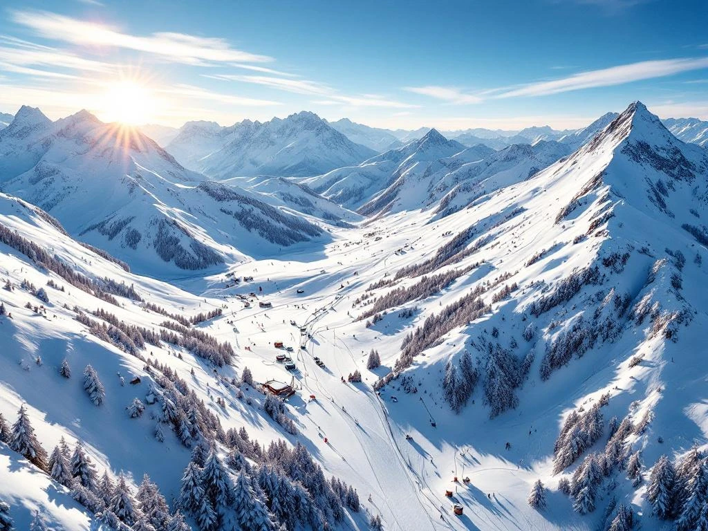 Luchtfoto van besneeuwde Franse Alpen skipistes met blauwe lucht, bergtoppen en skiliften in gouden zonlicht