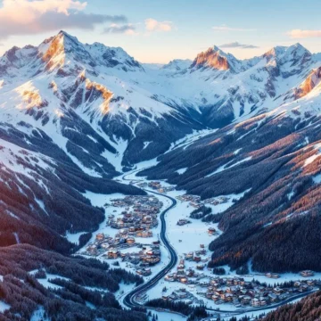Luchtfoto van besneeuwde Franse Alpen bij zonsopgang met skipistes, chalets en bergliften in winterlandschap