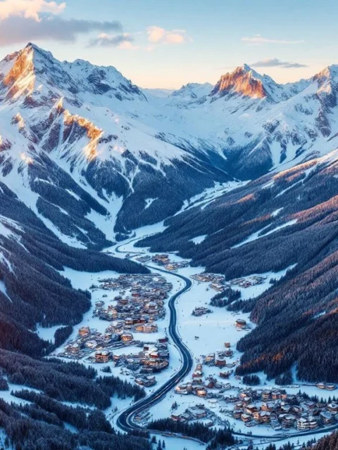 Luchtfoto van besneeuwde Franse Alpen bij zonsopgang met skipistes, chalets en bergliften in winterlandschap