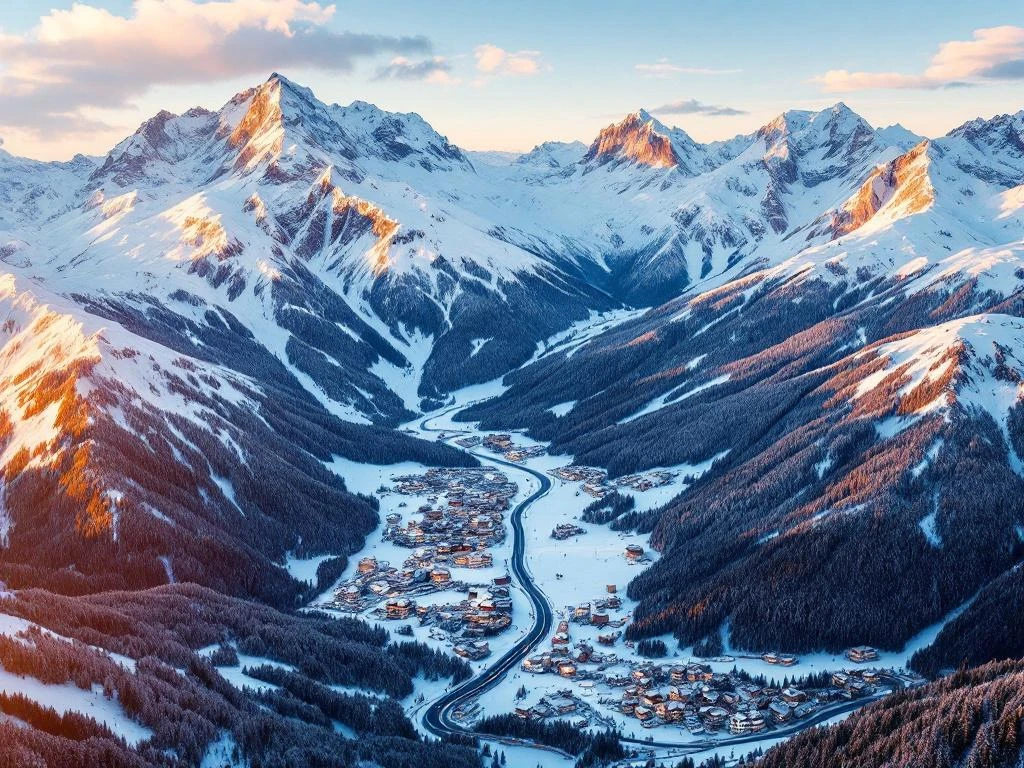Luchtfoto van besneeuwde Franse Alpen bij zonsopgang met skipistes, chalets en bergliften in winterlandschap