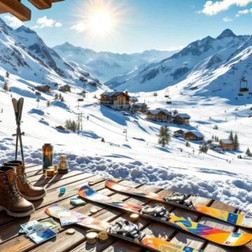 Franse Alpen skigebied met dure ski-uitrusting, geld en prijskaartjes op houten terras, besneeuwde bergen op achtergrond