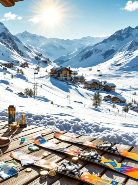 Franse Alpen skigebied met dure ski-uitrusting, geld en prijskaartjes op houten terras, besneeuwde bergen op achtergrond