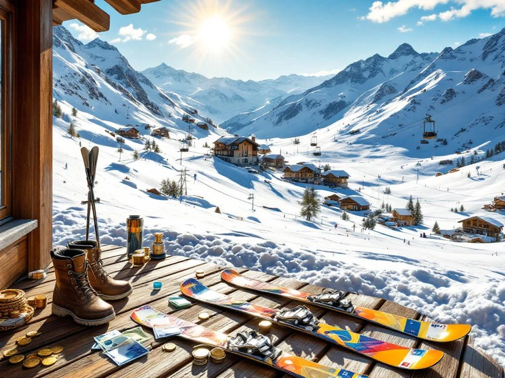 Franse Alpen skigebied met dure ski-uitrusting, geld en prijskaartjes op houten terras, besneeuwde bergen op achtergrond