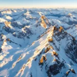 Besneeuwde Franse Alpentoppen bij zonsopgang met gouden licht, skihellingen en uitgestrekte bergketens
