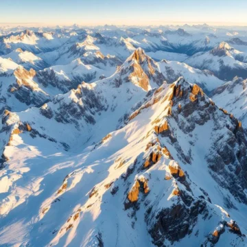 Besneeuwde Franse Alpentoppen bij zonsopgang met gouden licht, skihellingen en uitgestrekte bergketens