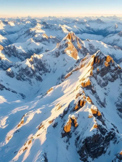 Besneeuwde Franse Alpentoppen bij zonsopgang met gouden licht, skihellingen en uitgestrekte bergketens