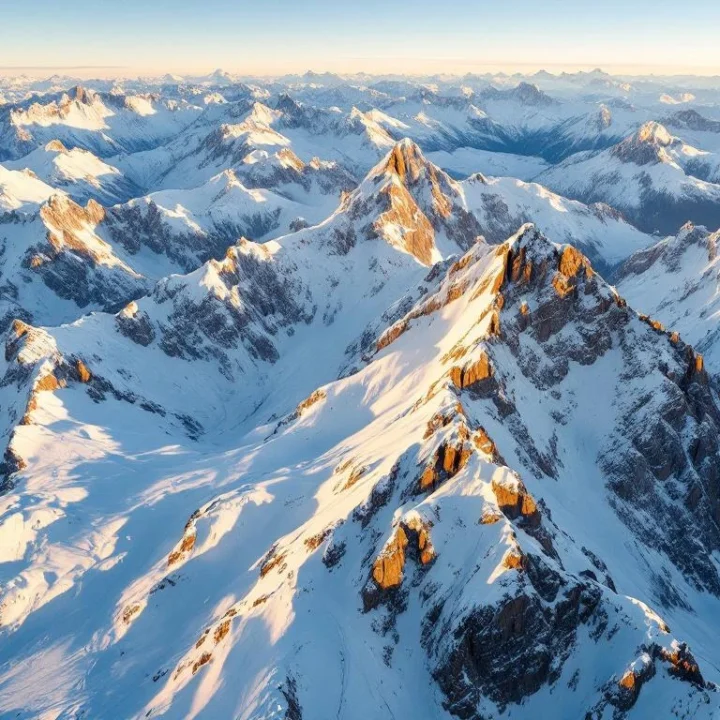 Besneeuwde Franse Alpentoppen bij zonsopgang met gouden licht, skihellingen en uitgestrekte bergketens