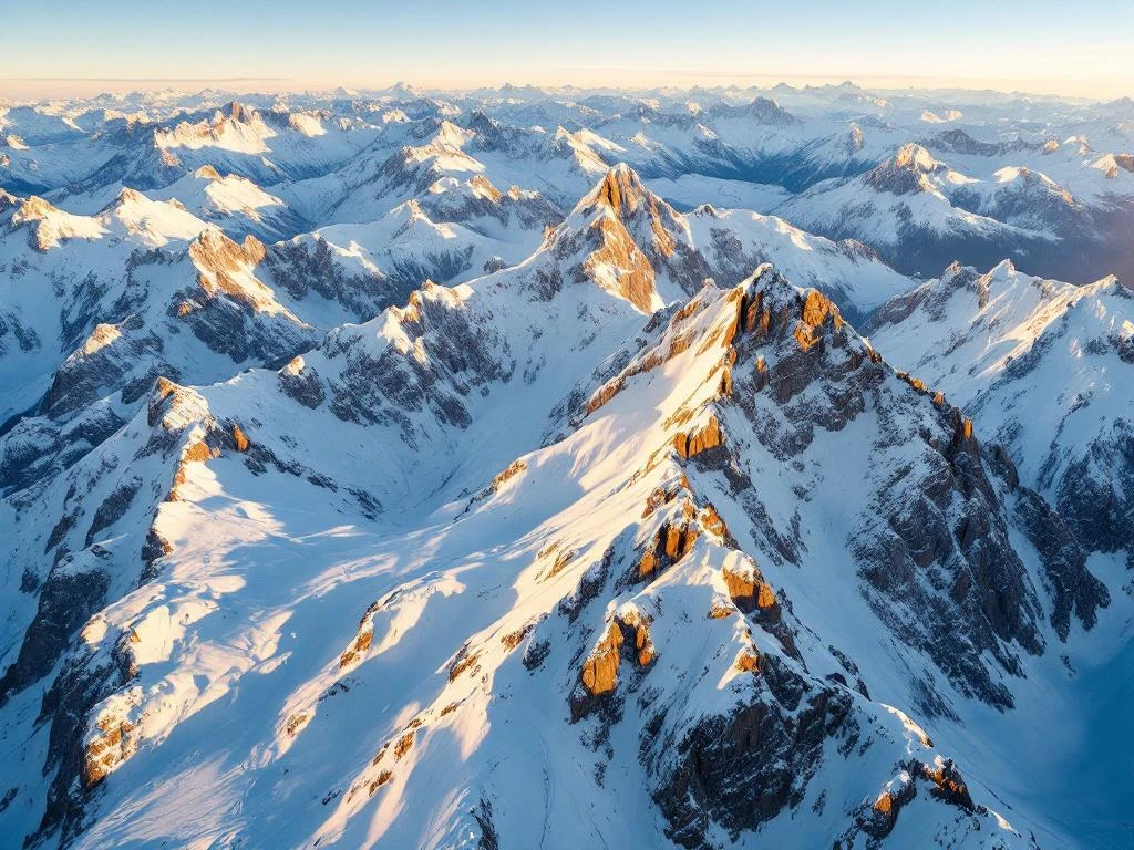 Besneeuwde Franse Alpentoppen bij zonsopgang met gouden licht, skihellingen en uitgestrekte bergketens